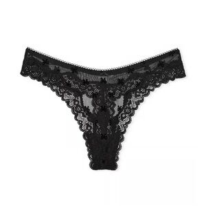 NWT Victoria’s Secret TEASE Black Mesh Lace Trim Velvet Bows Thong Panty XL